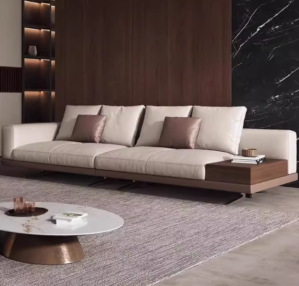 Sleek Leather Sofa With Wood Base and Side Table