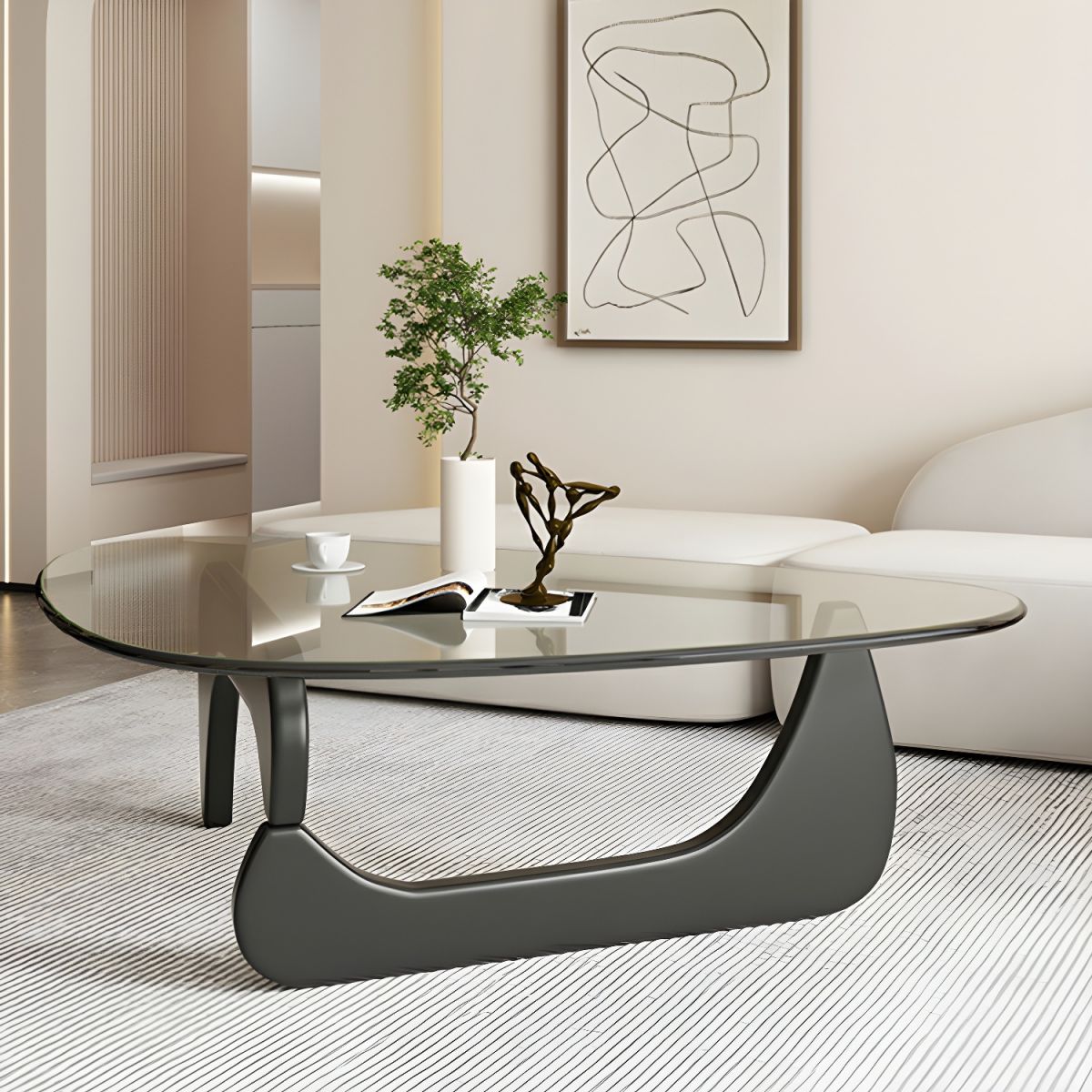 Abstract Glass Coffee Table with Wood Base