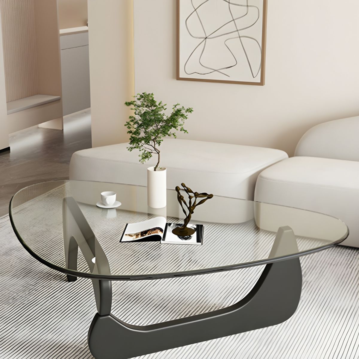 Abstract Glass Coffee Table with Wood Base