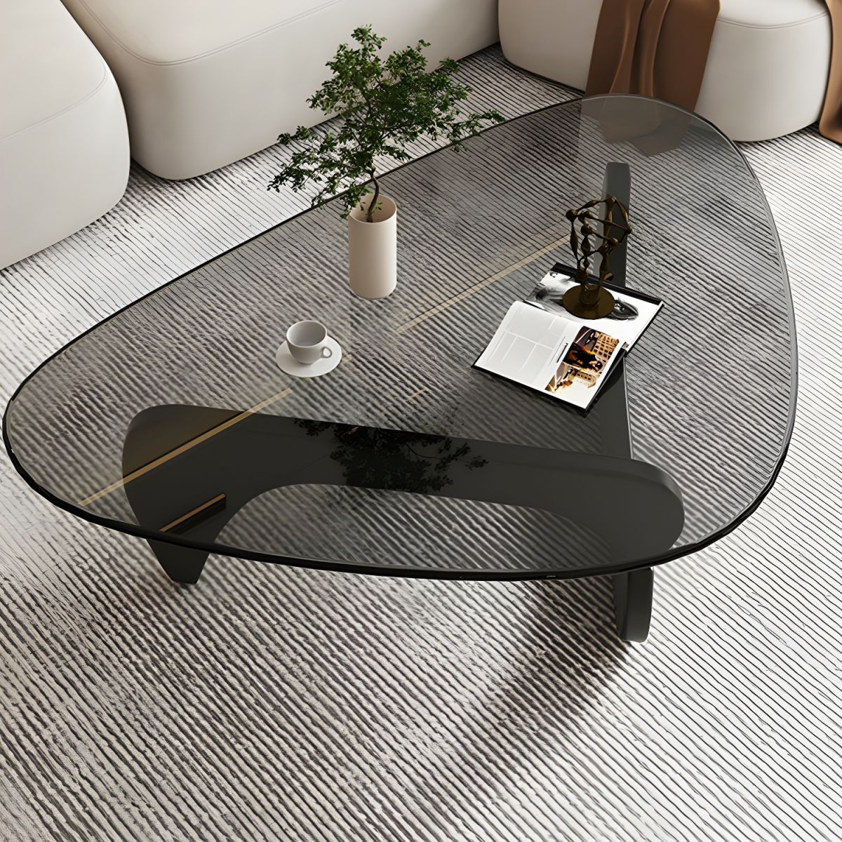 Abstract Glass Coffee Table with Wood Base