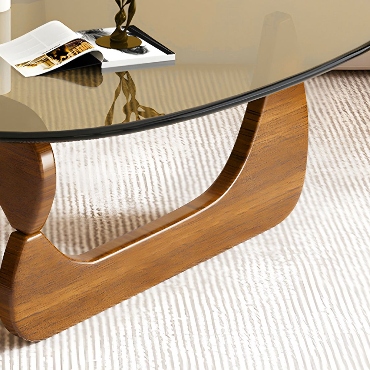 Abstract Glass Coffee Table with Wood Base