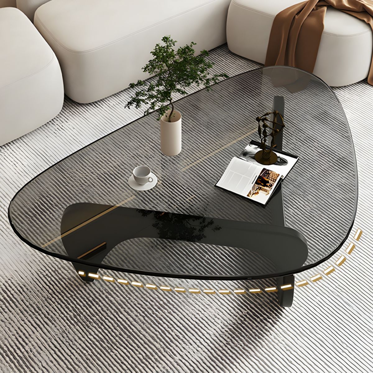 Abstract Glass Coffee Table with Wood Base