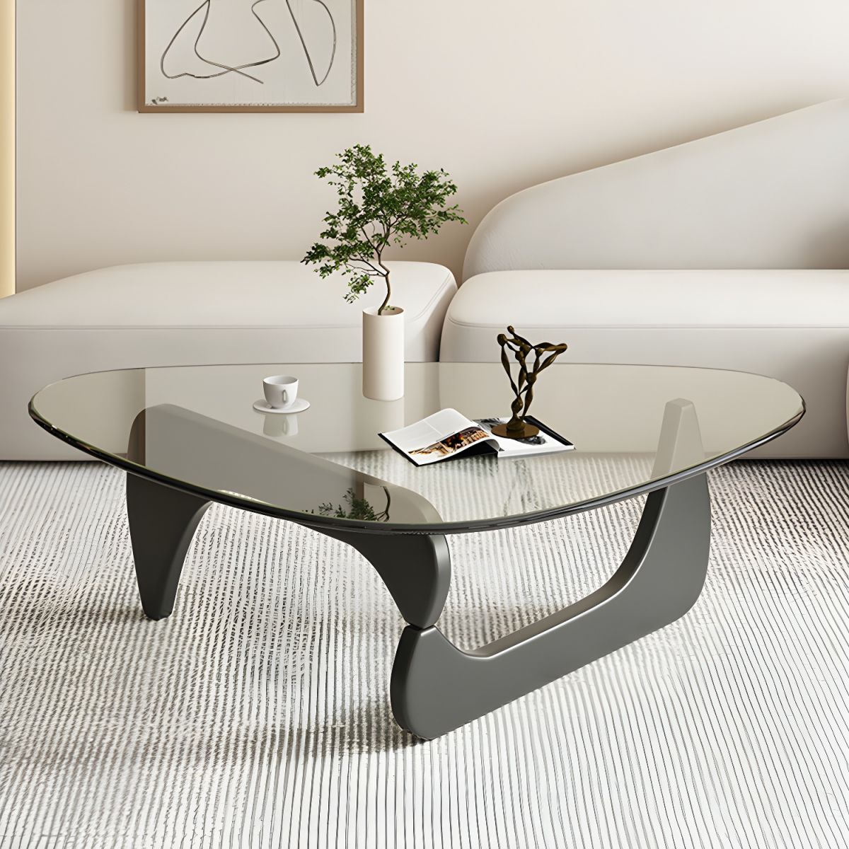 Abstract Glass Coffee Table with Wood Base