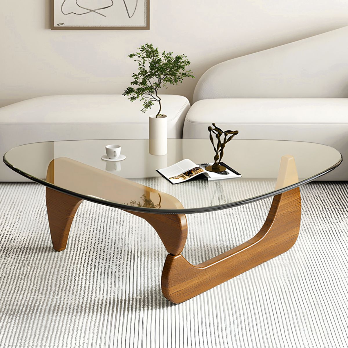 Abstract Glass Coffee Table with Wood Base