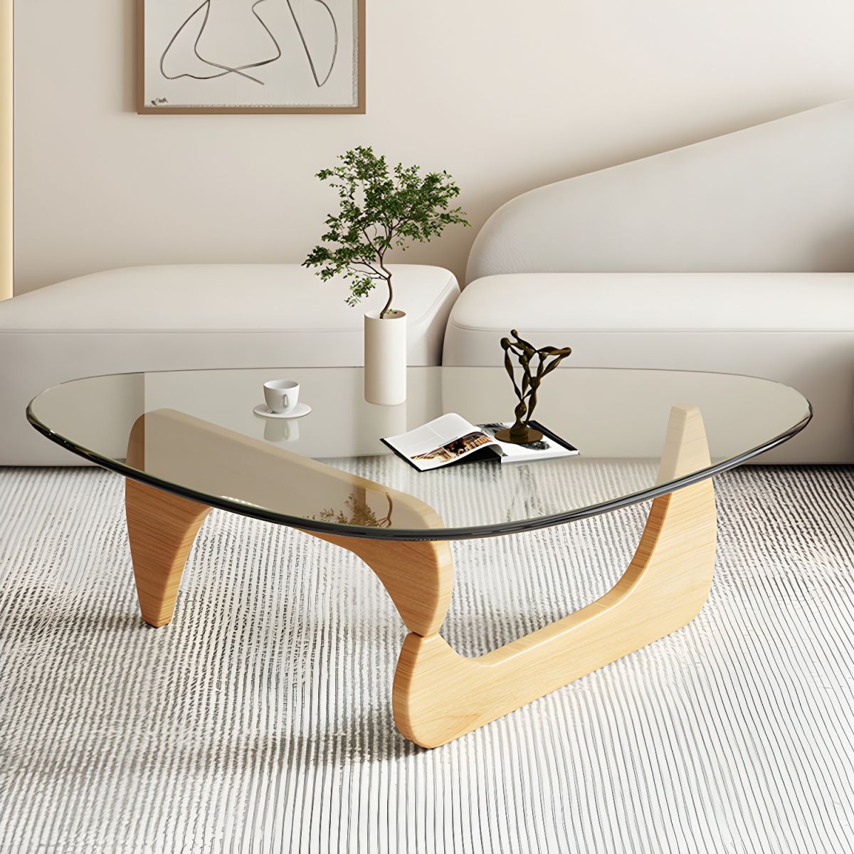 Abstract Glass Coffee Table with Wood Base