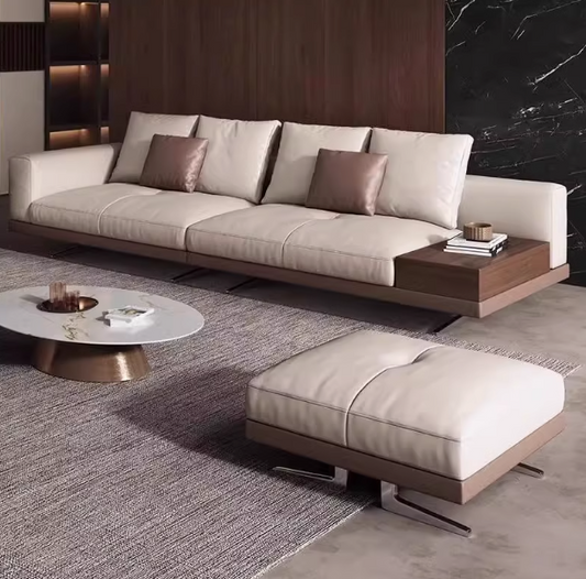 Sleek Leather Sofa With Wood Base and Side Table